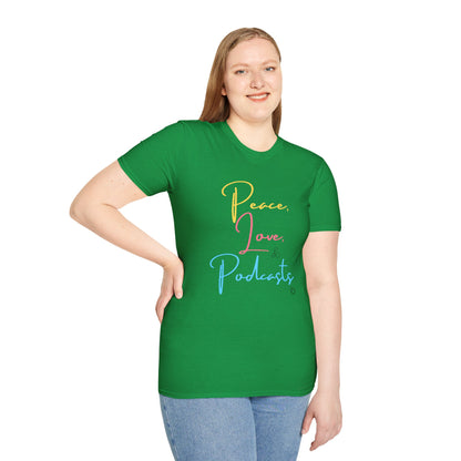 Peace, Love, & Podcasts Unisex Softstyle Cotton Tee - Colorful Print