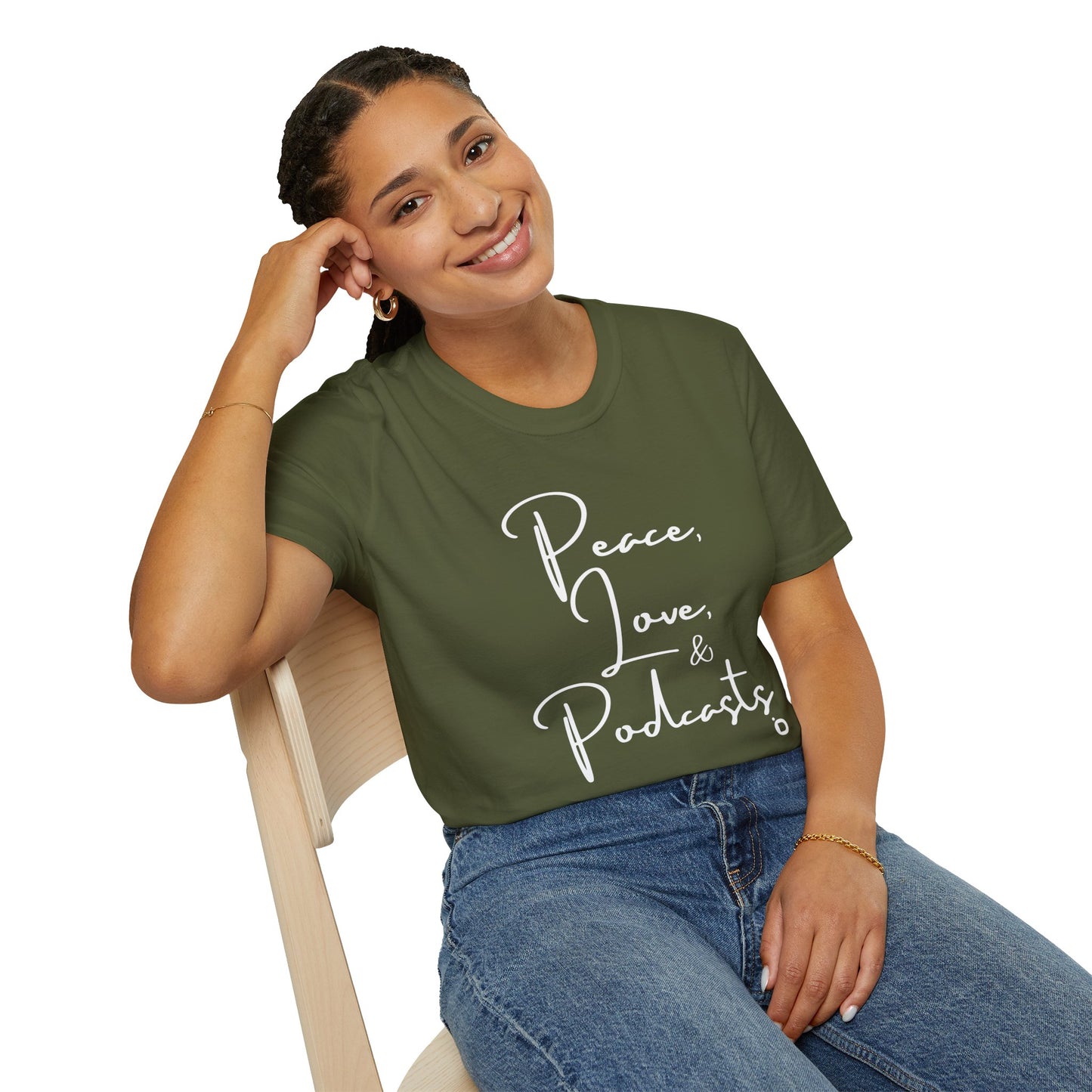 Peace, Love, & Podcasts Unisex Softstyle Cotton Tee - Black Print
