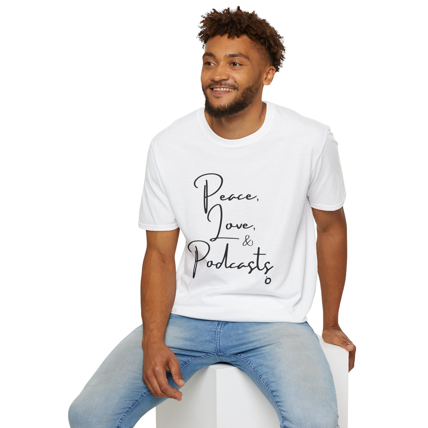 Peace, Love, & Podcasts Unisex Softstyle Cotton Tee - Black Print