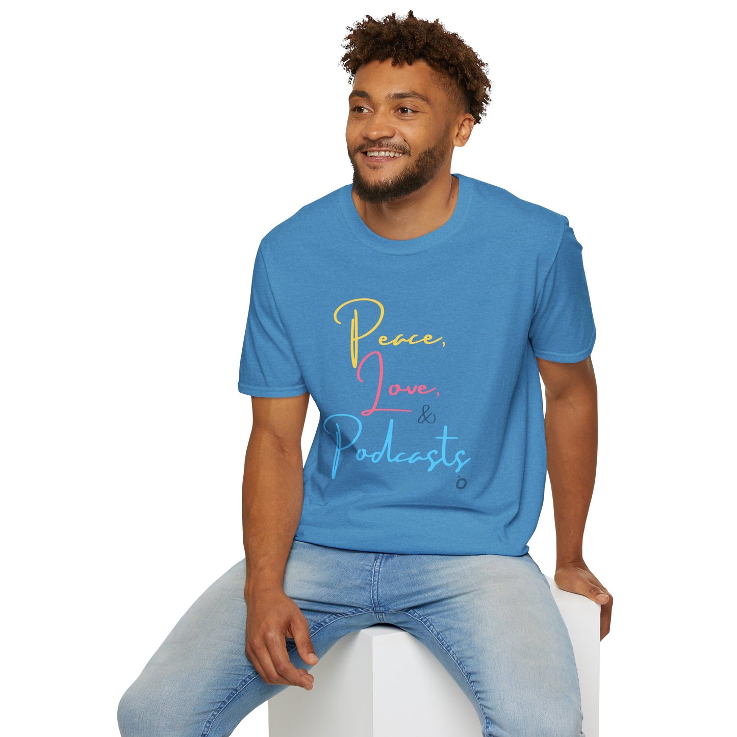 Peace, Love, & Podcasts Unisex Softstyle Cotton Tee - Colorful Print