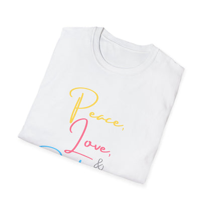 Peace, Love, & Podcasts Unisex Softstyle Cotton Tee - Colorful Print