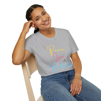 Peace, Love, & Podcasts Unisex Softstyle Cotton Tee - Colorful Print