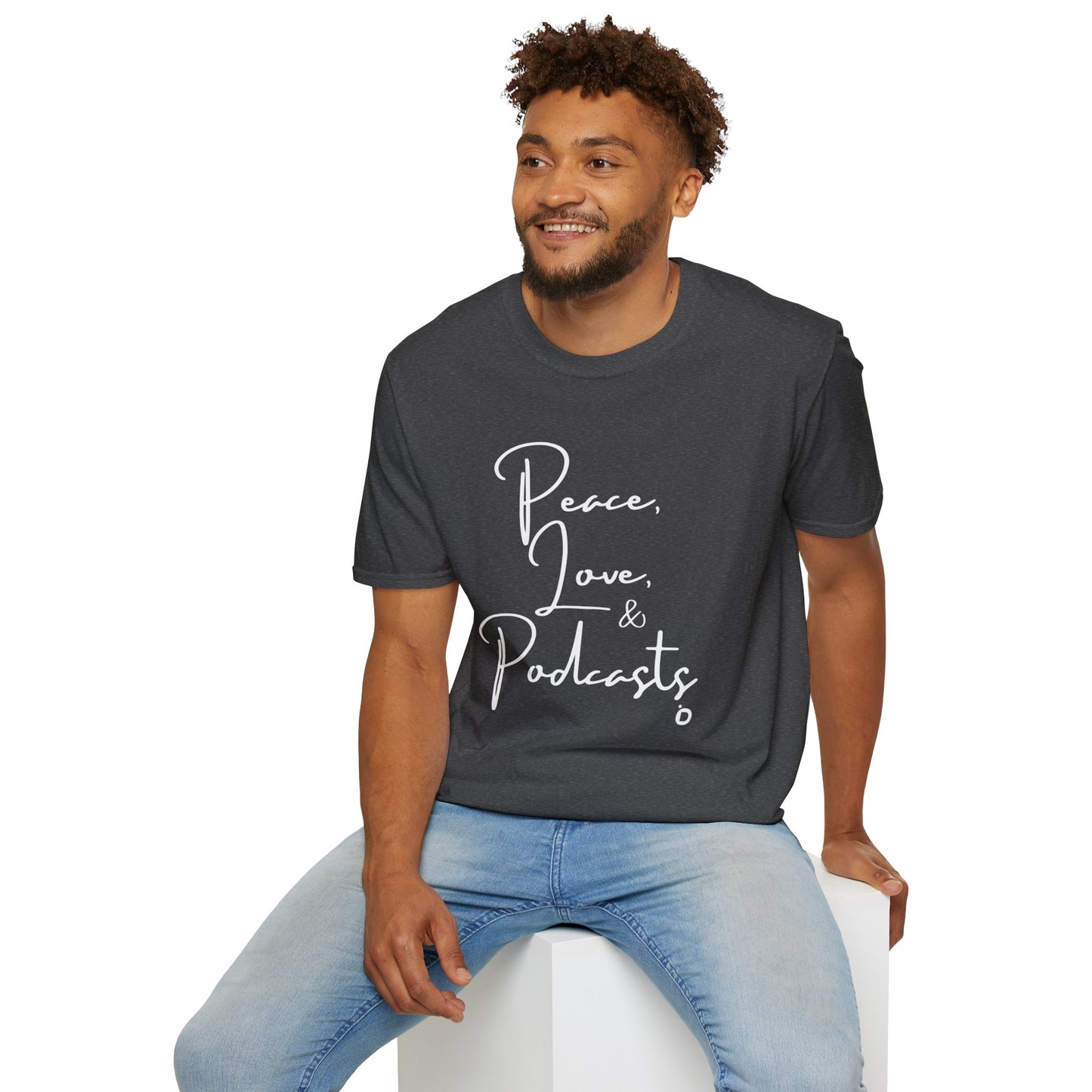 Peace, Love, & Podcasts Unisex Softstyle Cotton Tee - Black Print