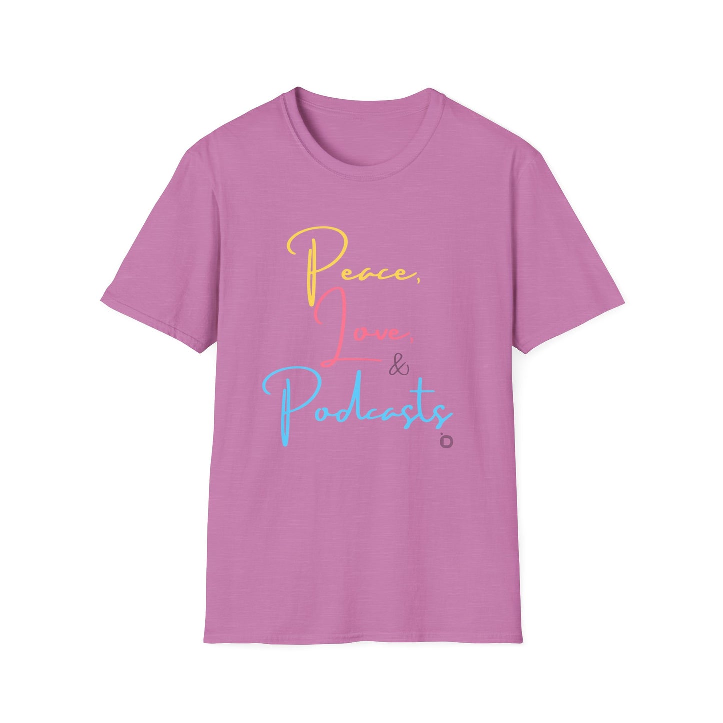 Peace, Love, & Podcasts Unisex Softstyle Cotton Tee - Colorful Print