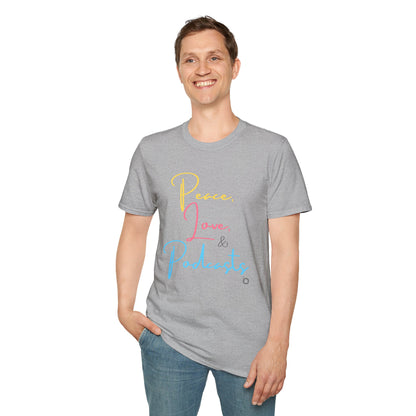 Peace, Love, & Podcasts Unisex Softstyle Cotton Tee - Colorful Print