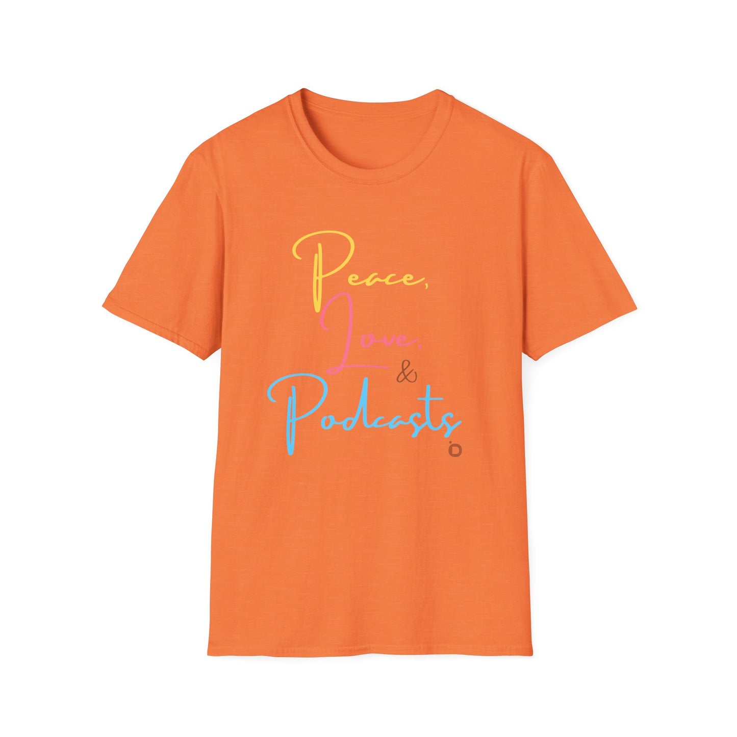 Peace, Love, & Podcasts Unisex Softstyle Cotton Tee - Colorful Print
