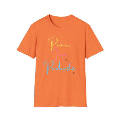 Peace, Love, & Podcasts Unisex Softstyle Cotton Tee - Colorful Print