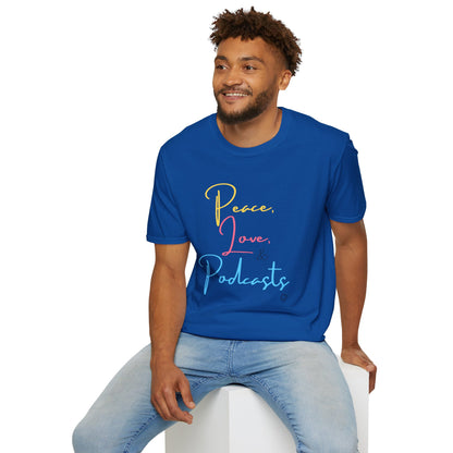 Peace, Love, & Podcasts Unisex Softstyle Cotton Tee - Colorful Print