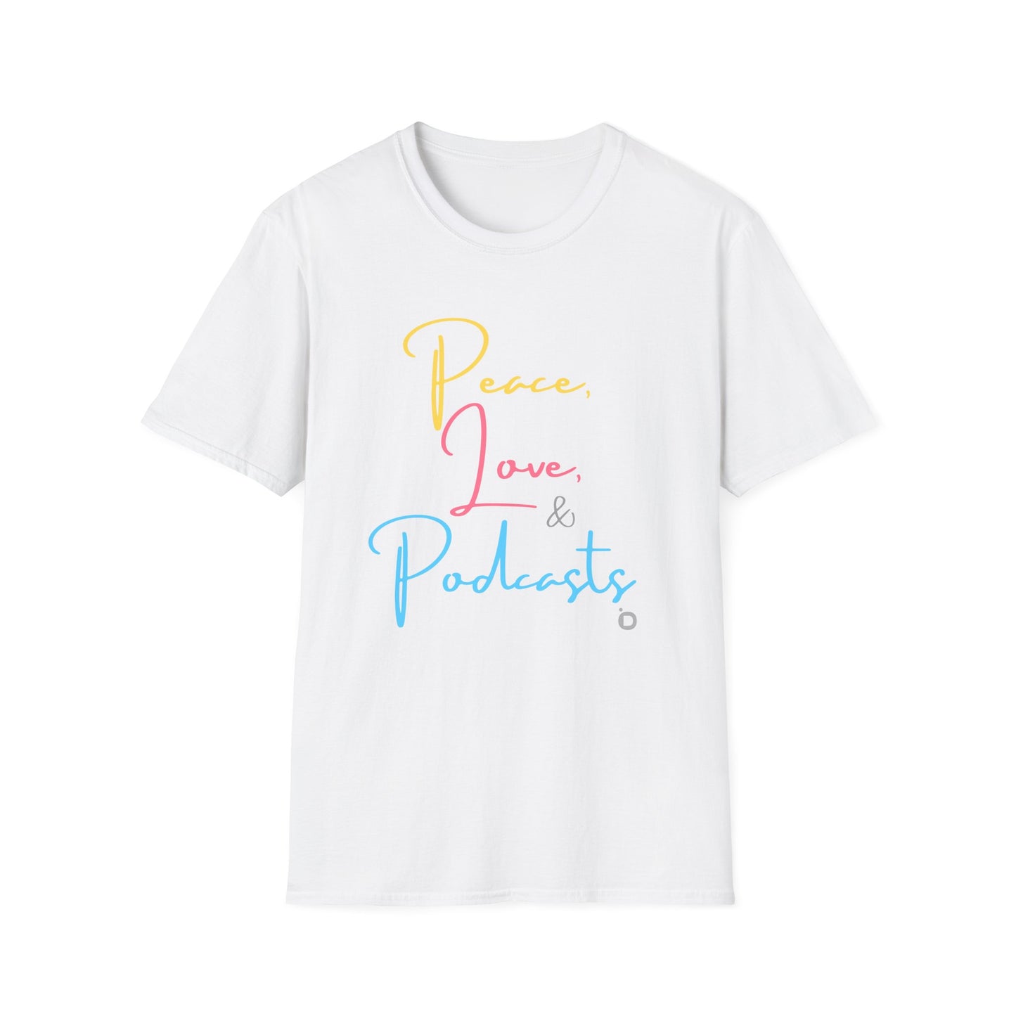 Peace, Love, & Podcasts Unisex Softstyle Cotton Tee - Colorful Print