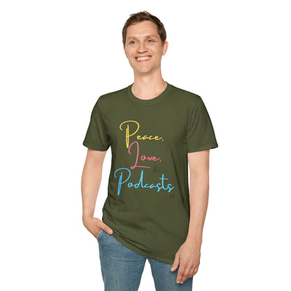 Peace, Love, & Podcasts Unisex Softstyle Cotton Tee - Colorful Print