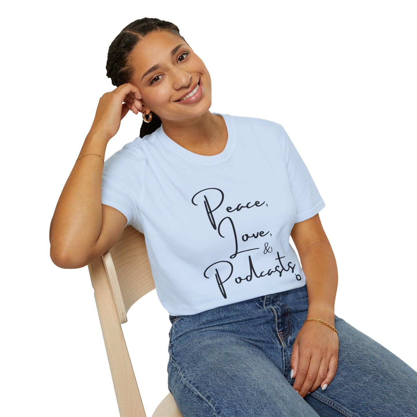 Peace, Love, & Podcasts Unisex Softstyle Cotton Tee - Black Print