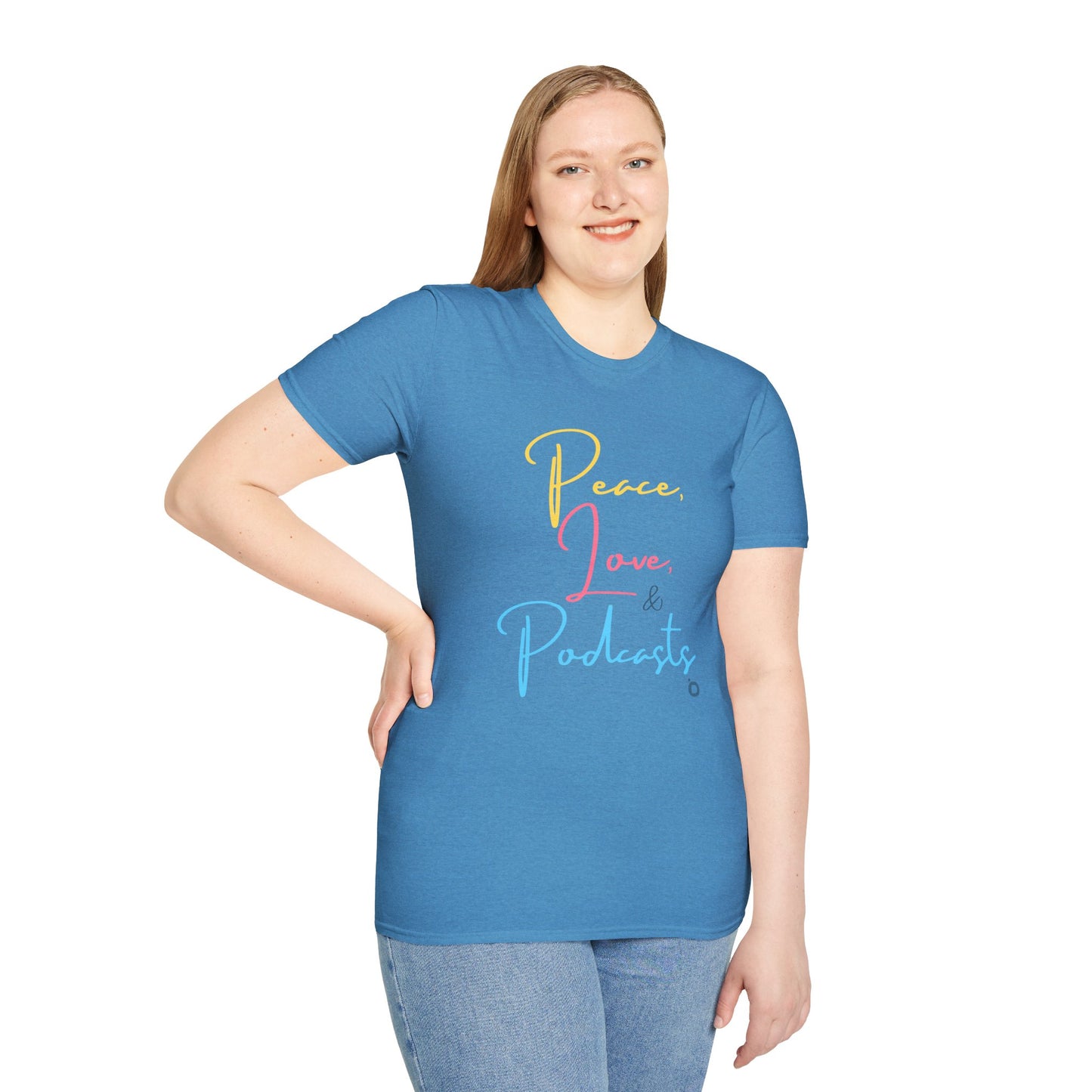 Peace, Love, & Podcasts Unisex Softstyle Cotton Tee - Colorful Print