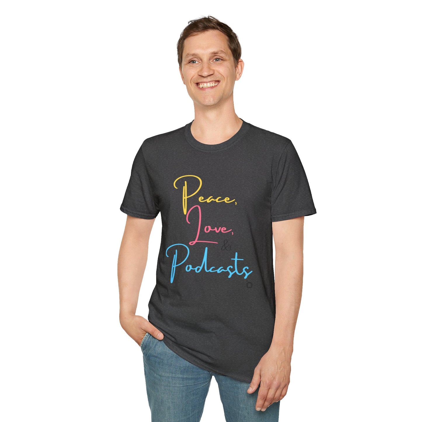 Peace, Love, & Podcasts Unisex Softstyle Cotton Tee - Colorful Print