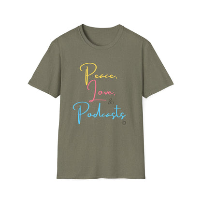 Peace, Love, & Podcasts Unisex Softstyle Cotton Tee - Colorful Print