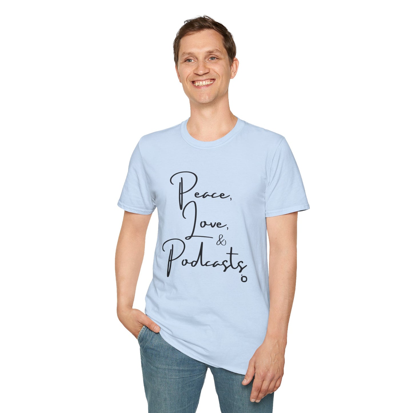 Peace, Love, & Podcasts Unisex Softstyle Cotton Tee - Black Print