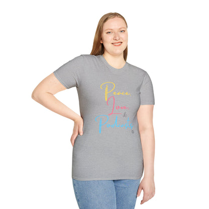 Peace, Love, & Podcasts Unisex Softstyle Cotton Tee - Colorful Print