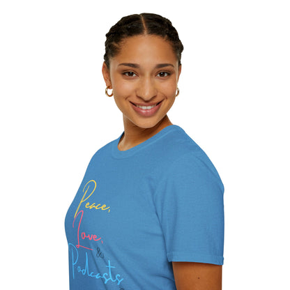 Peace, Love, & Podcasts Unisex Softstyle Cotton Tee - Colorful Print