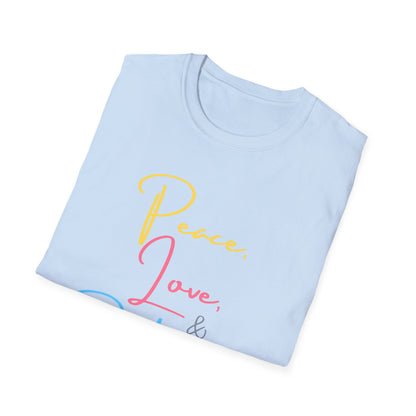 Peace, Love, & Podcasts Unisex Softstyle Cotton Tee - Colorful Print