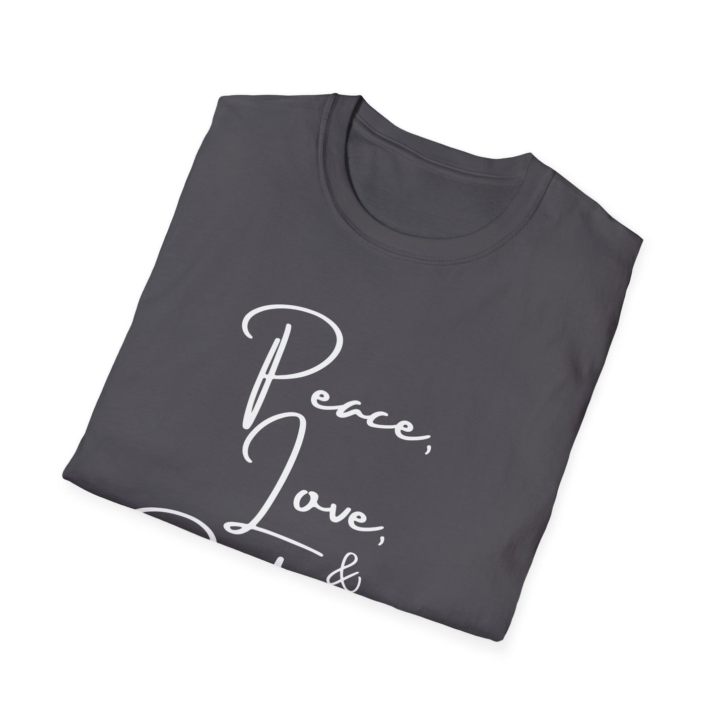 Peace, Love, & Podcasts Unisex Softstyle Cotton Tee - Black Print