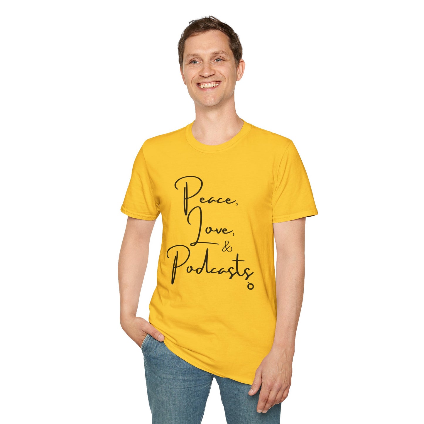 Peace, Love, & Podcasts Unisex Softstyle Cotton Tee - Black Print