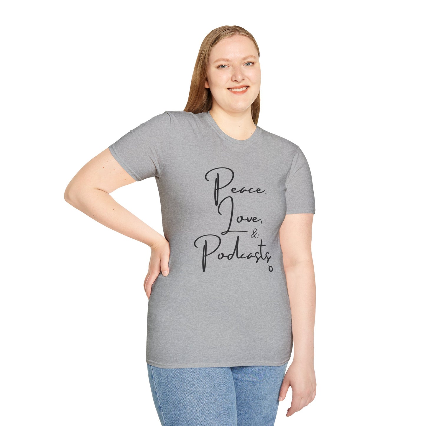 Peace, Love, & Podcasts Unisex Softstyle Cotton Tee - Black Print