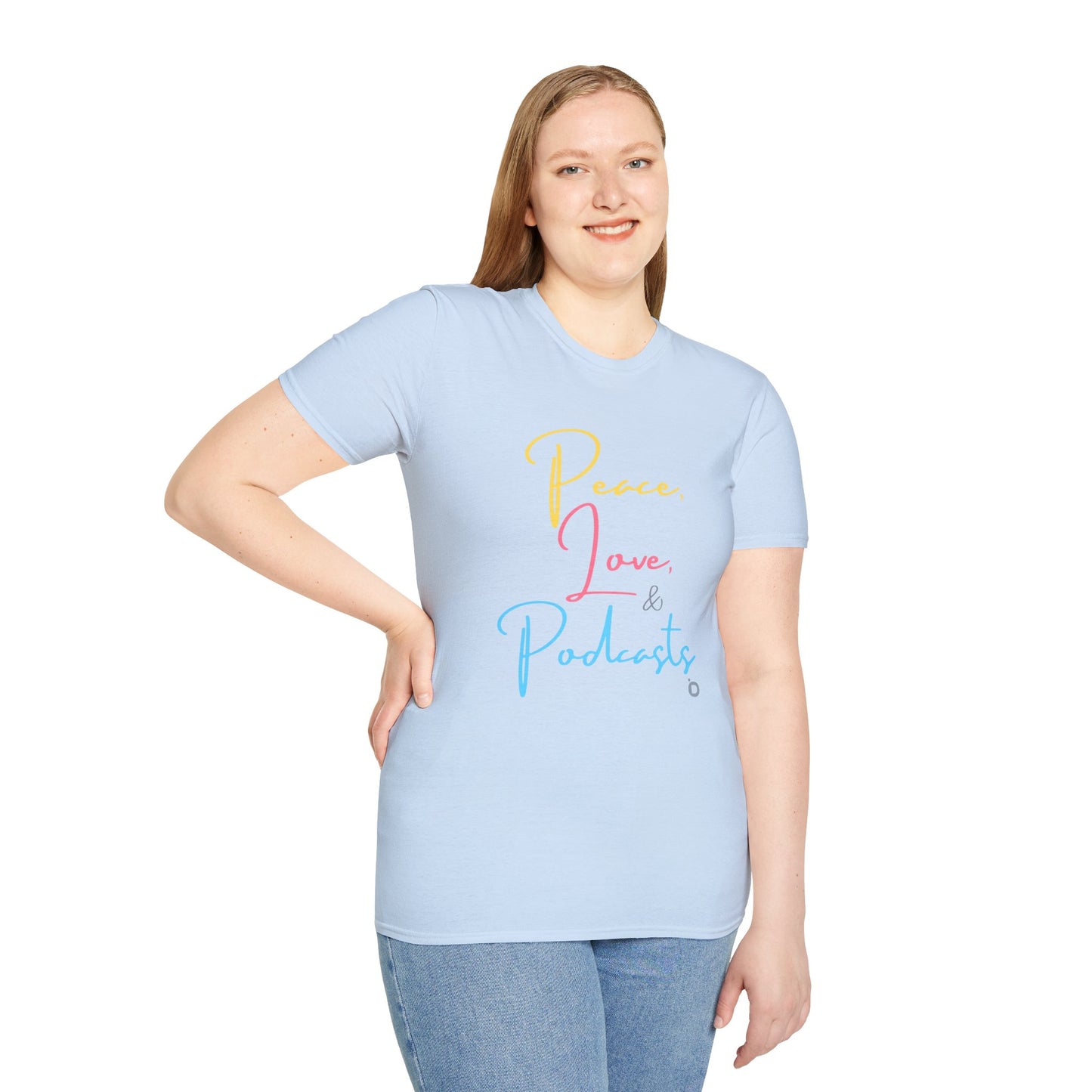 Peace, Love, & Podcasts Unisex Softstyle Cotton Tee - Colorful Print