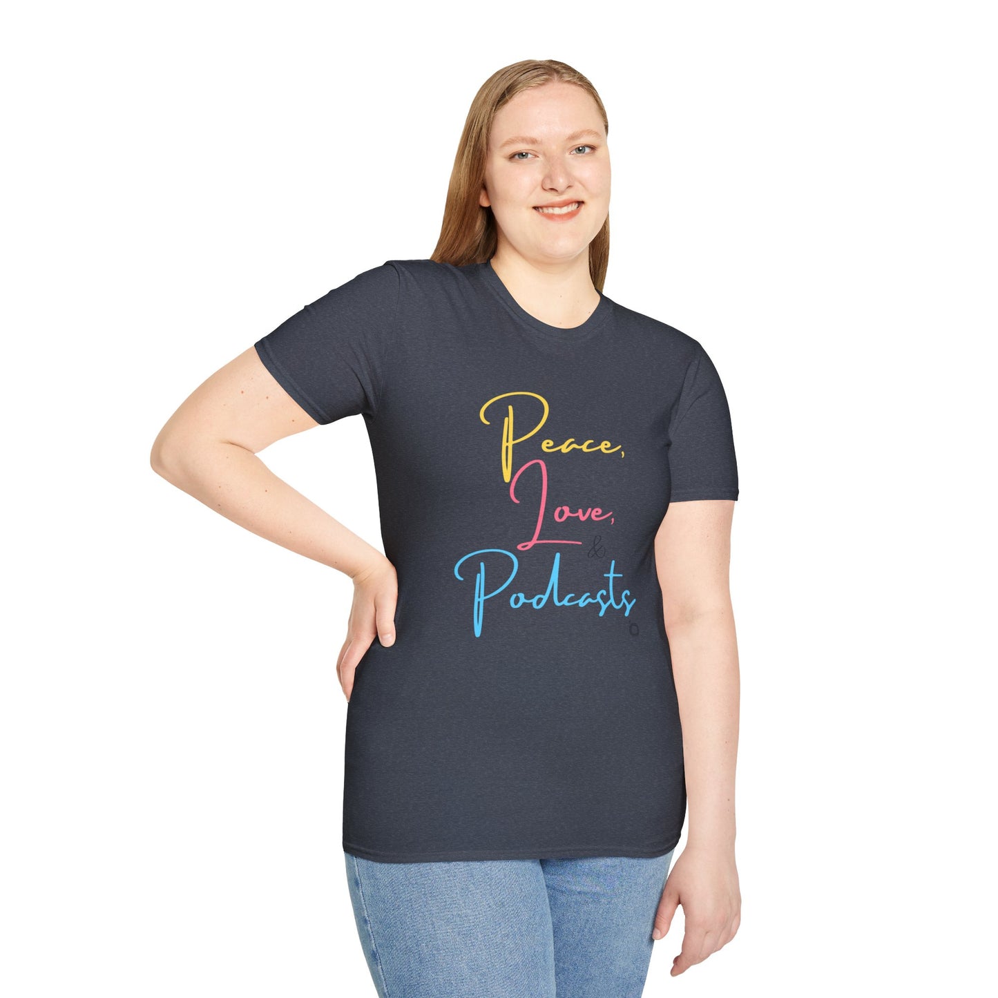 Peace, Love, & Podcasts Unisex Softstyle Cotton Tee - Colorful Print