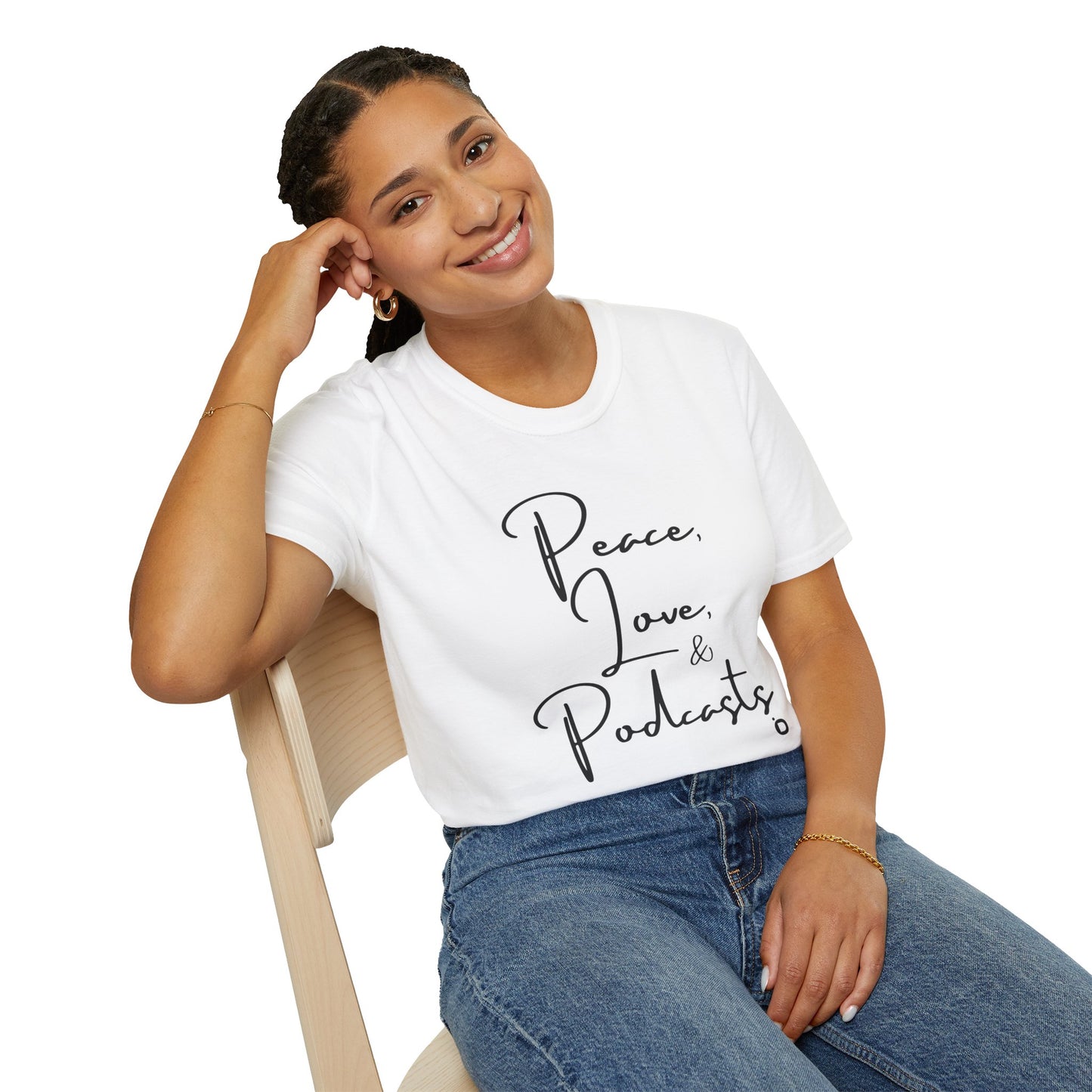 Peace, Love, & Podcasts Unisex Softstyle Cotton Tee - Black Print