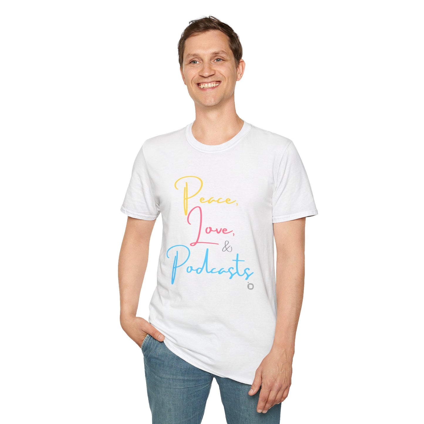 Peace, Love, & Podcasts Unisex Softstyle Cotton Tee - Colorful Print