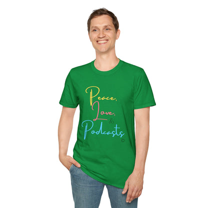 Peace, Love, & Podcasts Unisex Softstyle Cotton Tee - Colorful Print