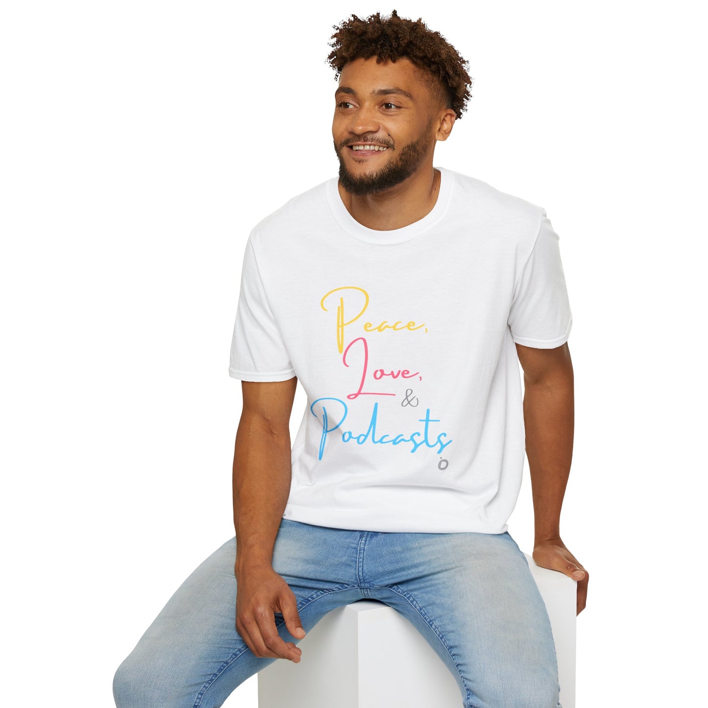 Peace, Love, & Podcasts Unisex Softstyle Cotton Tee - Colorful Print