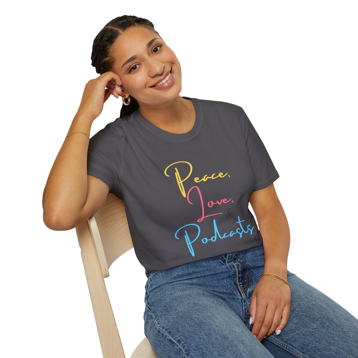 Peace, Love, & Podcasts Unisex Softstyle Cotton Tee - Colorful Print