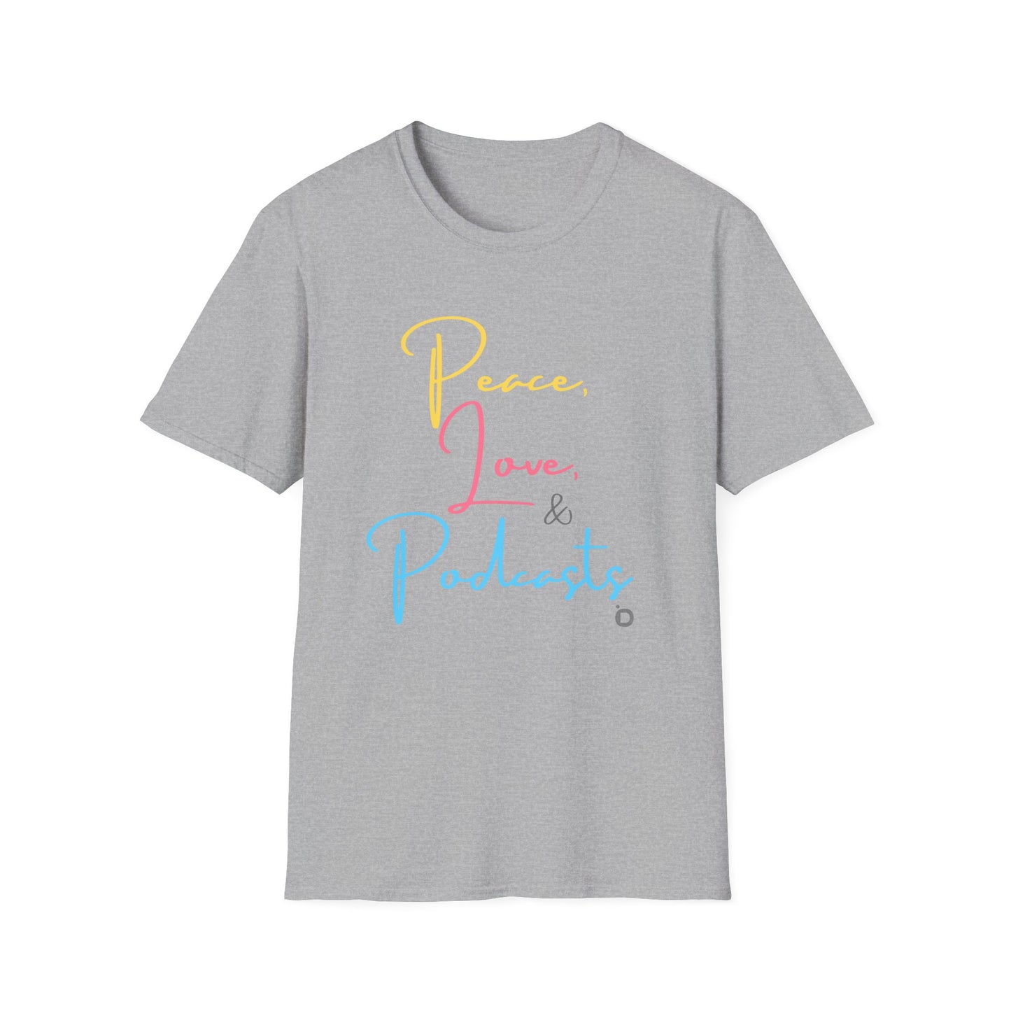Peace, Love, & Podcasts Unisex Softstyle Cotton Tee - Colorful Print