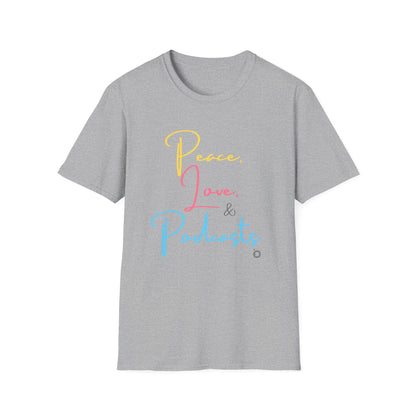 Peace, Love, & Podcasts Unisex Softstyle Cotton Tee - Colorful Print