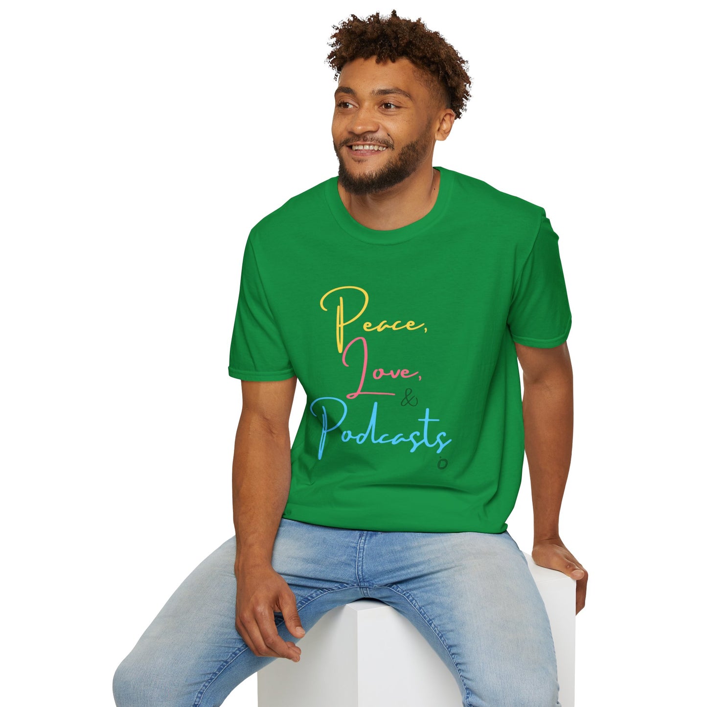 Peace, Love, & Podcasts Unisex Softstyle Cotton Tee - Colorful Print