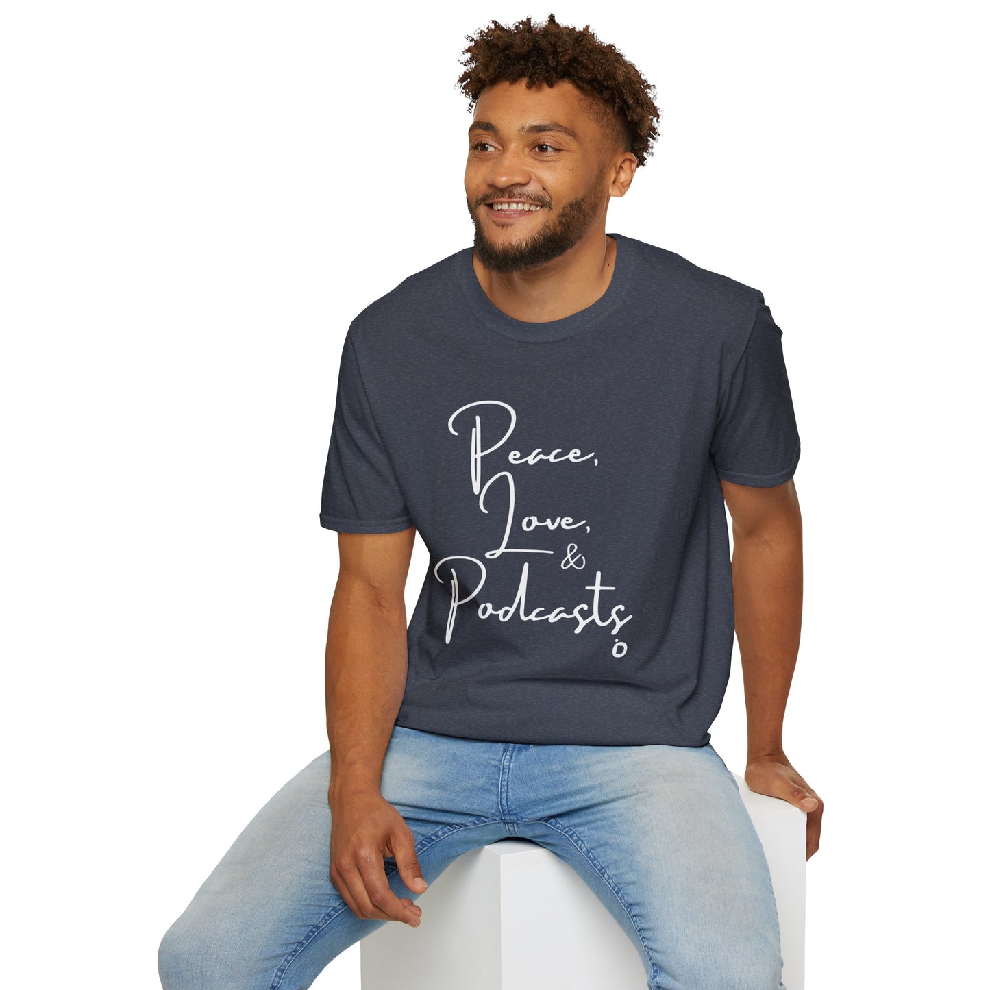 Peace, Love, & Podcasts Unisex Softstyle Cotton Tee - Black Print