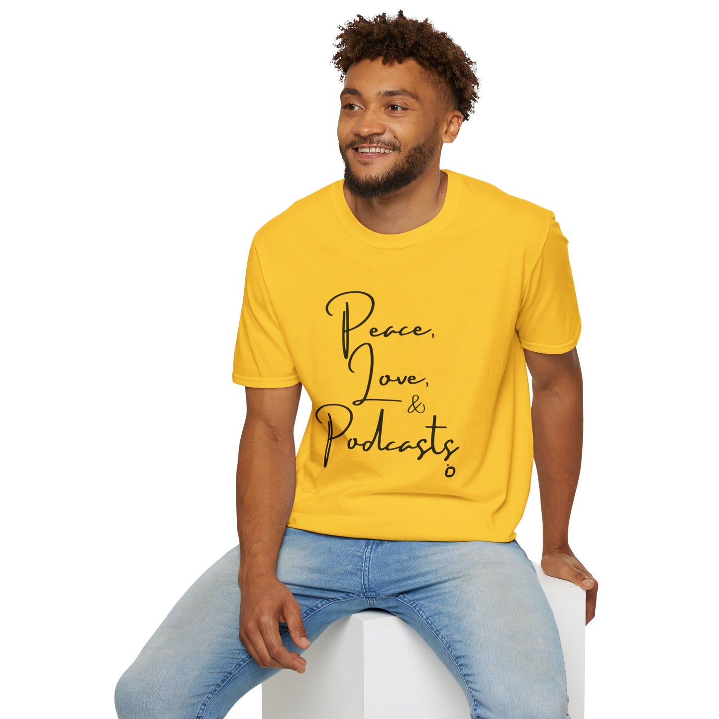 Peace, Love, & Podcasts Unisex Softstyle Cotton Tee - Black Print