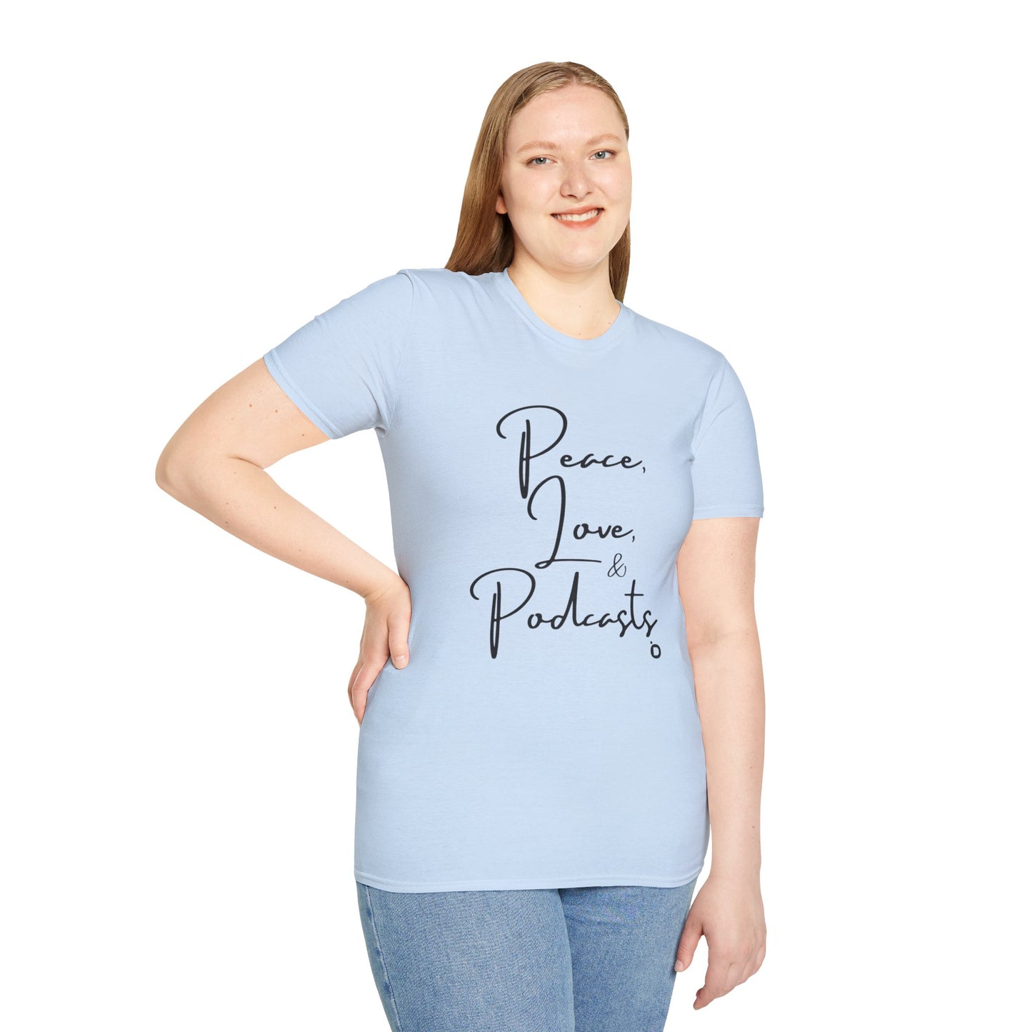 Peace, Love, & Podcasts Unisex Softstyle Cotton Tee - Black Print