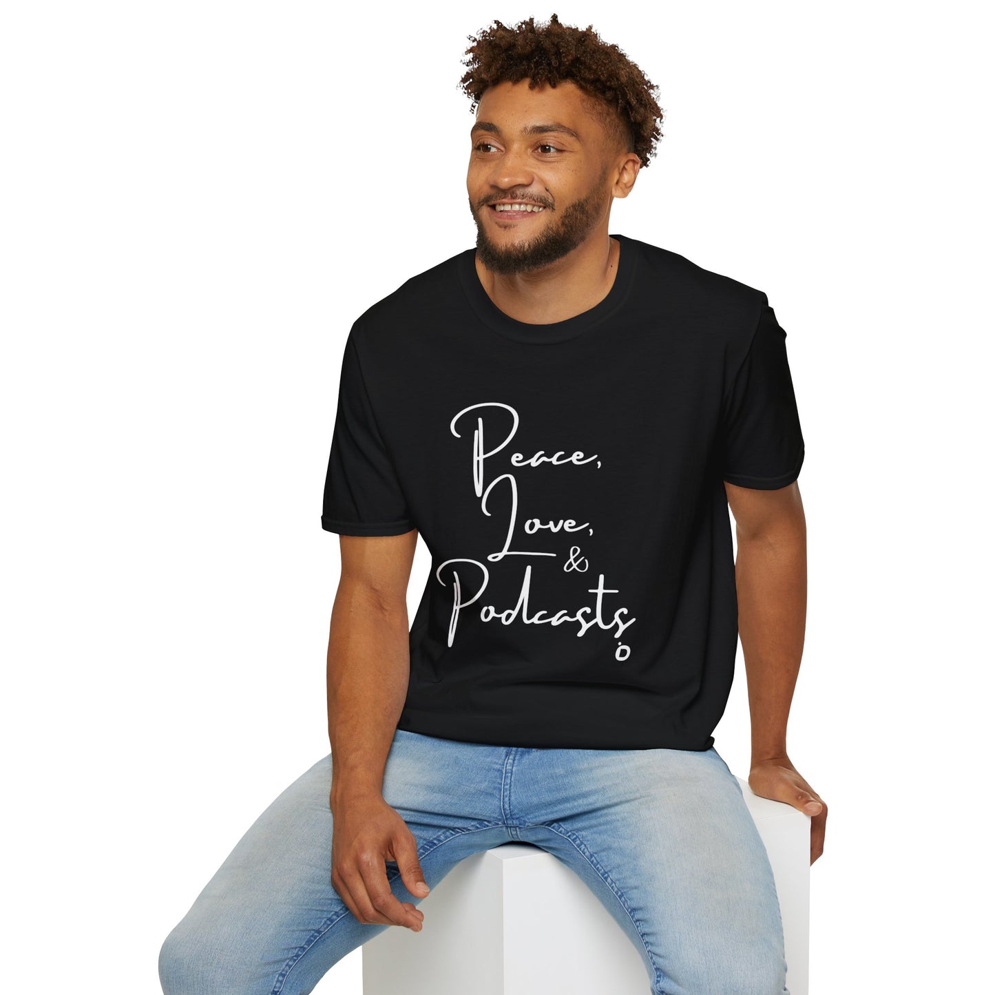 Peace, Love, & Podcasts Unisex Softstyle Cotton Tee - Black Print