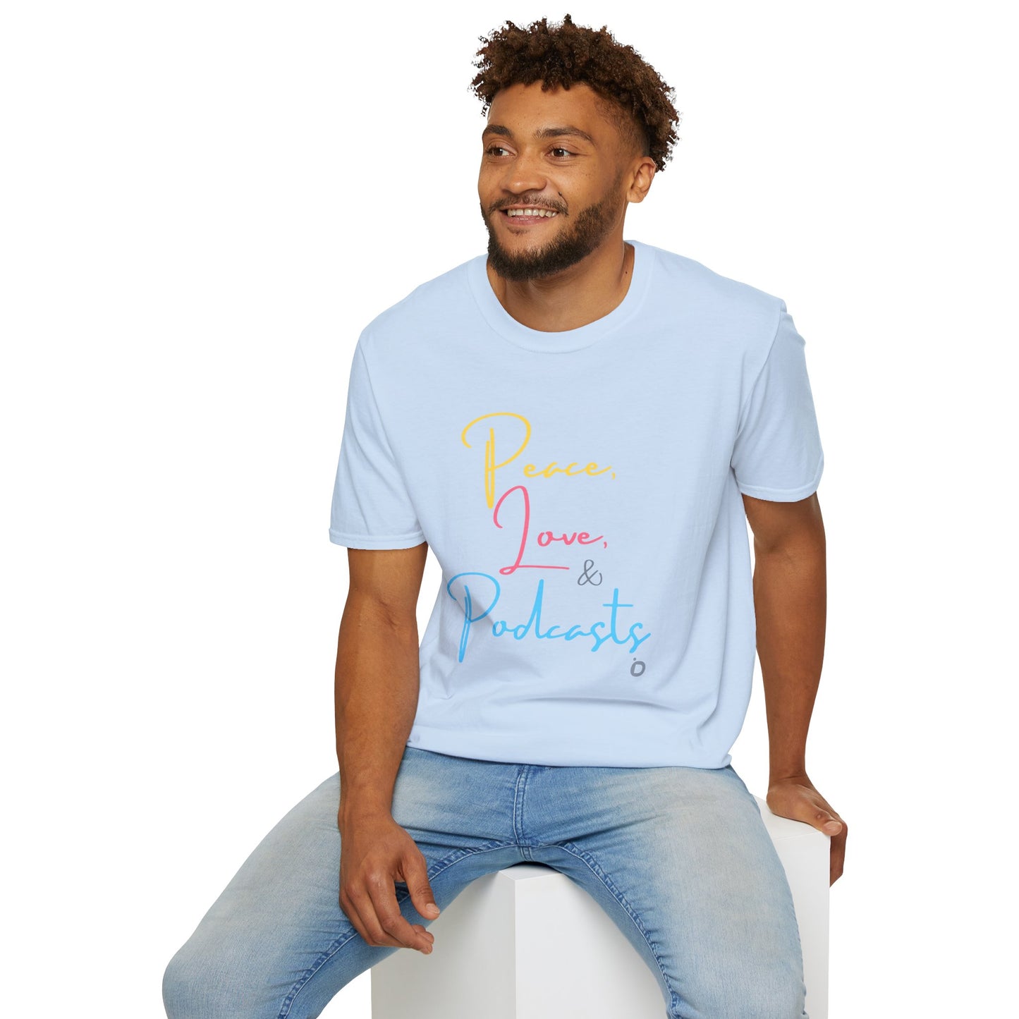 Peace, Love, & Podcasts Unisex Softstyle Cotton Tee - Colorful Print