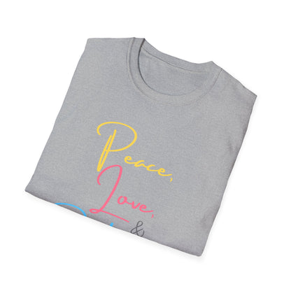 Peace, Love, & Podcasts Unisex Softstyle Cotton Tee - Colorful Print