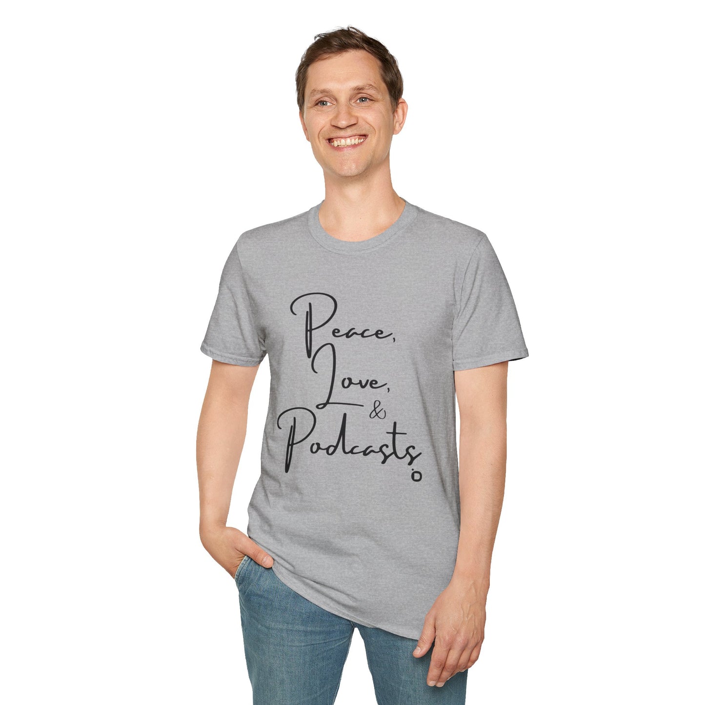 Peace, Love, & Podcasts Unisex Softstyle Cotton Tee - Black Print