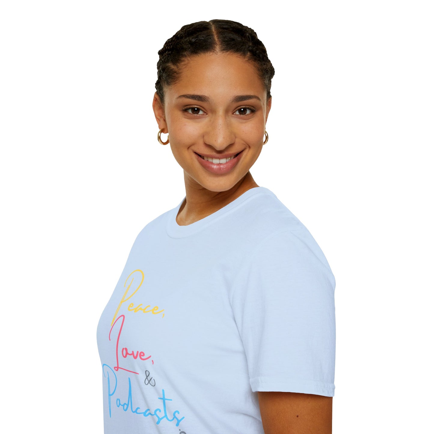 Peace, Love, & Podcasts Unisex Softstyle Cotton Tee - Colorful Print