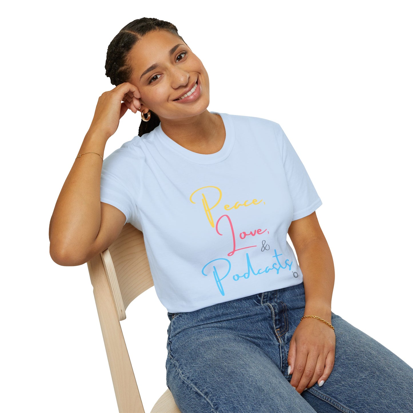 Peace, Love, & Podcasts Unisex Softstyle Cotton Tee - Colorful Print