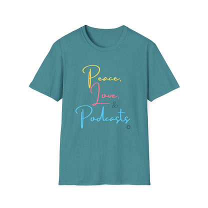 Peace, Love, & Podcasts Unisex Softstyle Cotton Tee - Colorful Print