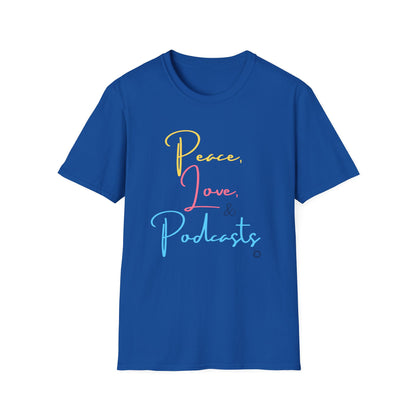 Peace, Love, & Podcasts Unisex Softstyle Cotton Tee - Colorful Print