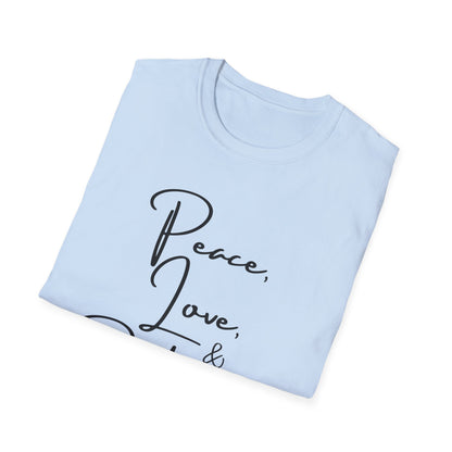 Peace, Love, & Podcasts Unisex Softstyle Cotton Tee - Black Print