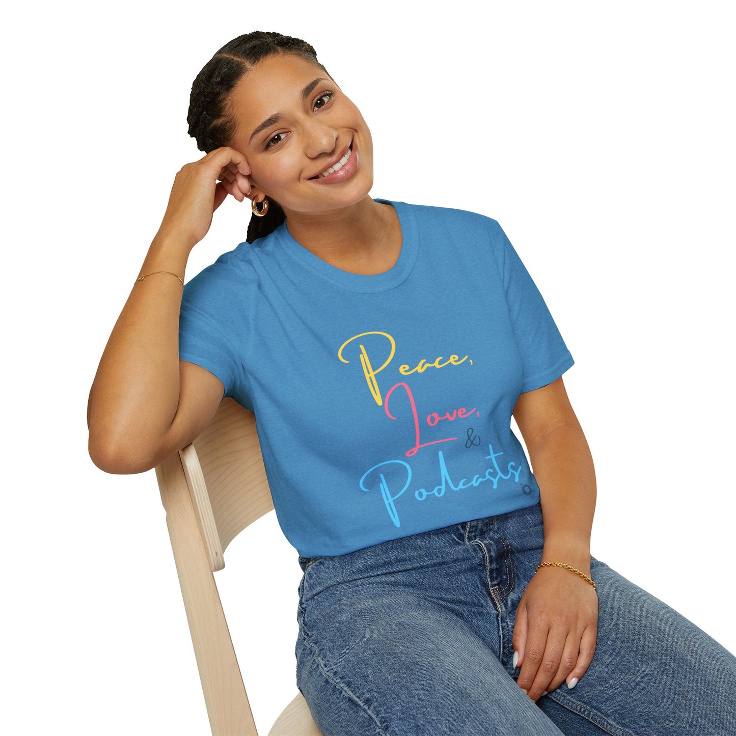 Peace, Love, & Podcasts Unisex Softstyle Cotton Tee - Colorful Print