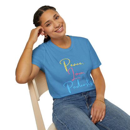 Peace, Love, & Podcasts Unisex Softstyle Cotton Tee - Colorful Print