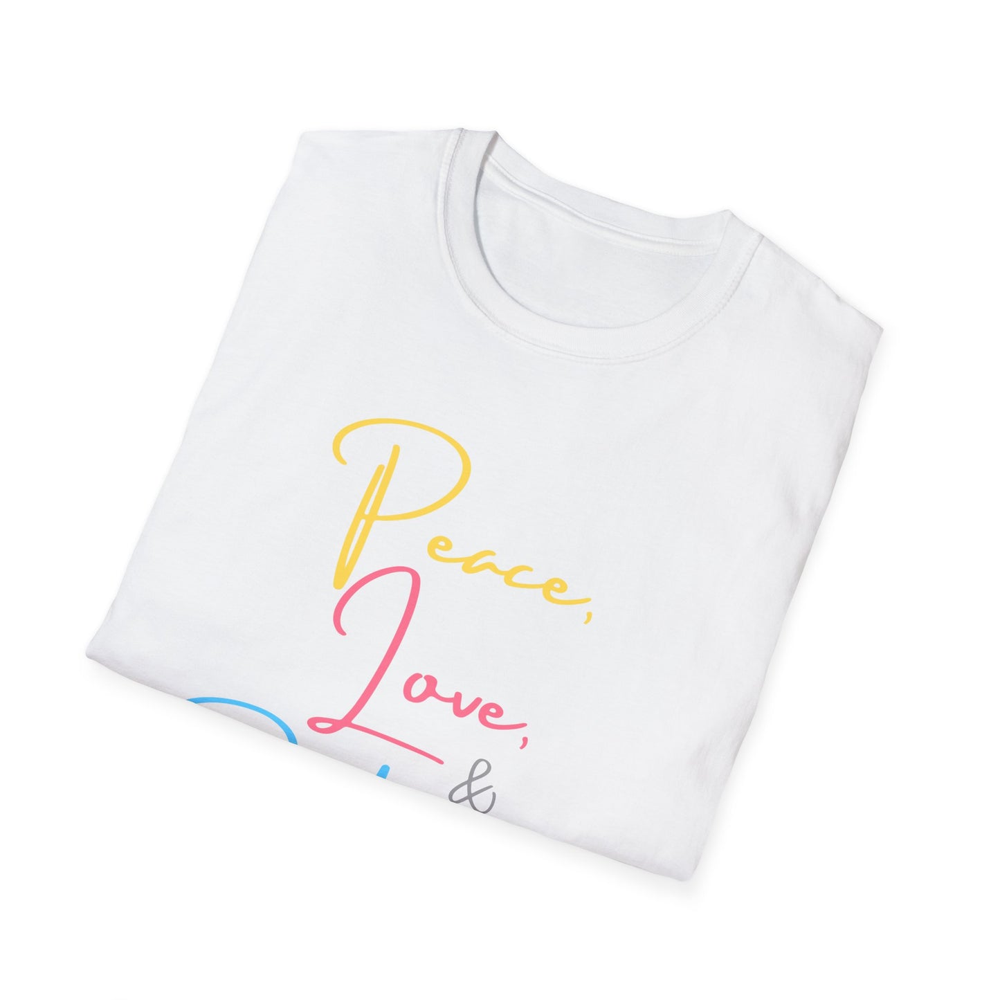 Peace, Love, & Podcasts Unisex Softstyle Cotton Tee - Colorful Print